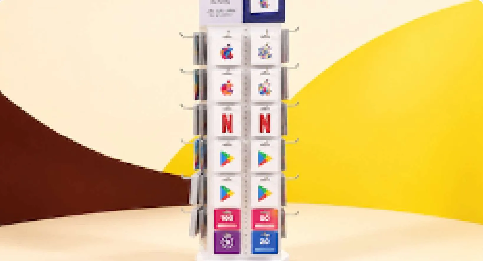 FlexiTower free-standing gift card display concept in Khitab brand colours